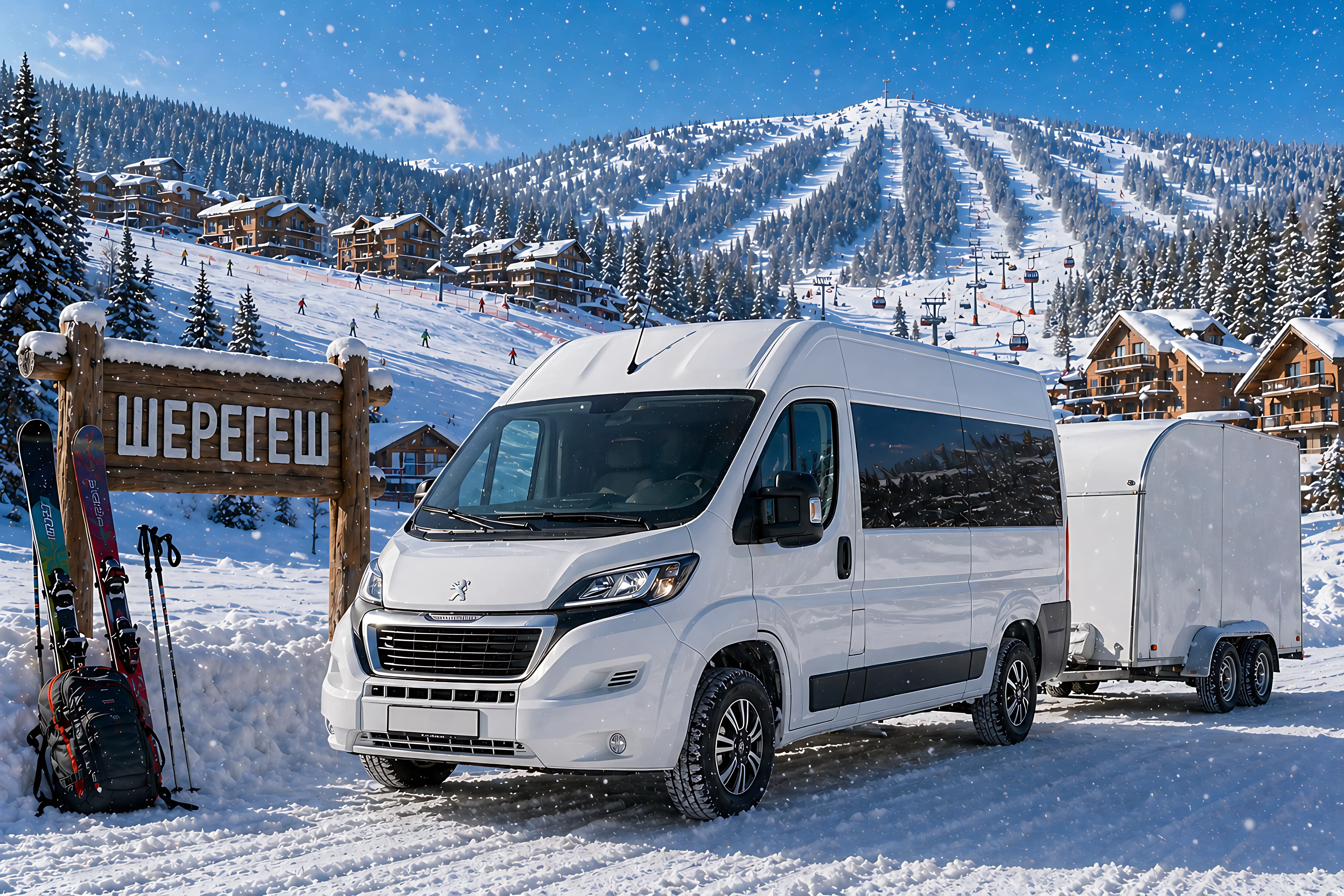 Автобус Peugeot Boxer с прицепом для пассажирских перевозок в Шерегеш