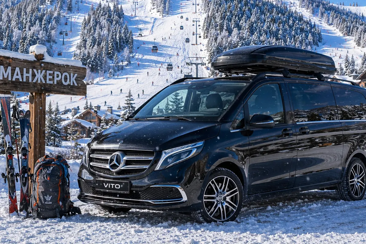 Премиальный микроавтобус бизнес класса Mercedes Vito для трансфера Шерегеш — Манжерок